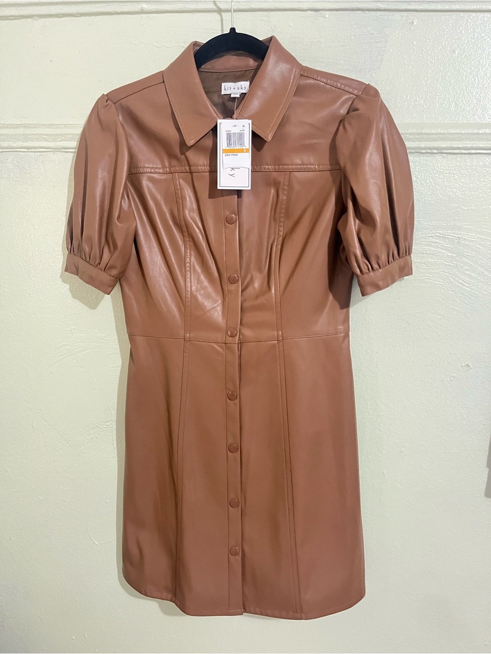 Kit & Sky Junior’s Faux Leather Brown Puff Sleeve Shirt Dress